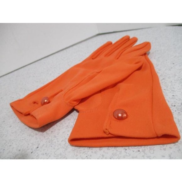 *Vintage Retro Orange Crescendoe Caresse Nylon Button Wrist Fashion Gloves - Picture 4 of 5